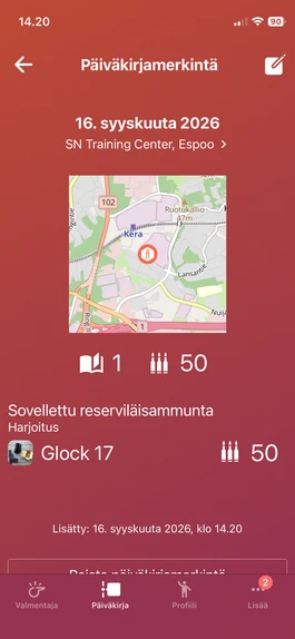 Päiväkirjamerkinnän kirjaaminen Ampuman mobiilisovelluksessa