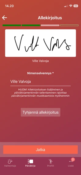 Ammunnanvalvojan sähköinen allekirjoitus päiväkirjamerkintään