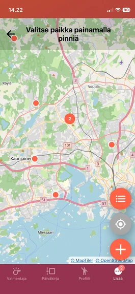 Ampumapaikat kartalla Ampuman mobiilisovelluksessa