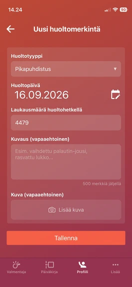 Aseen tietosivu, aikajana ja huoltoloki Ampumassa