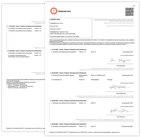 Ampuman QR-koodivarmennettu PDF-tuloste ampumapäiväkirjasta