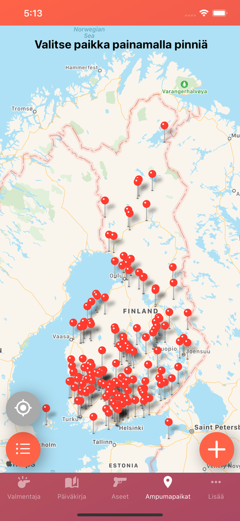 Ampumapaikat kartalla Ampumapäiväkirja sisältää jo monia ampumapaikkoja