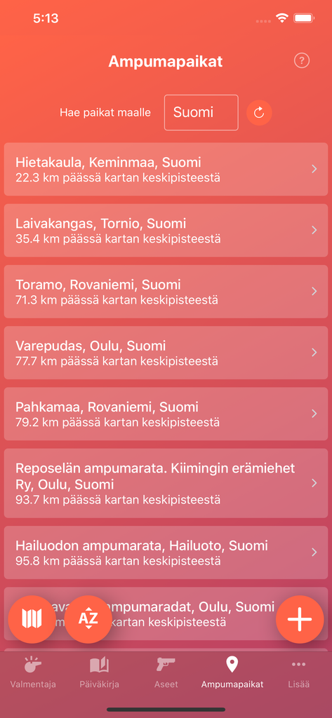 Ampumapaikat etäisyyden mukaan