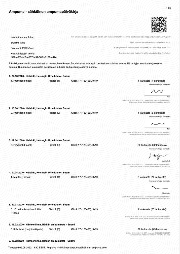 Esimerkki uudesta ampumapäiväkirjatulosteesta